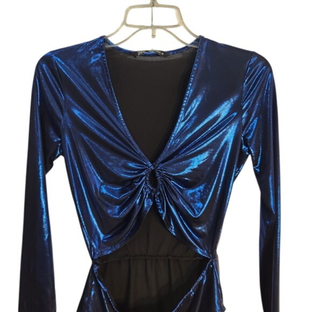 Zara Womens Metallic Blue Cutout O-Ring Long Sleeve Bodysuit Small Clubwear Rave
